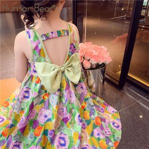 Humor Bear Kinderkleding Olie Painting Wind Zoete rok Floral Sundress Back Bow Princess Girl-jurk voor 3-7y L2405