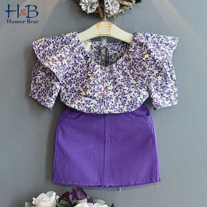 Humor Bear New Girl Clothes Set Summer Short Floarl Printed Shirt + denim Purple Skirt Pakken 2 stuks Casual Kinderkleding X0902