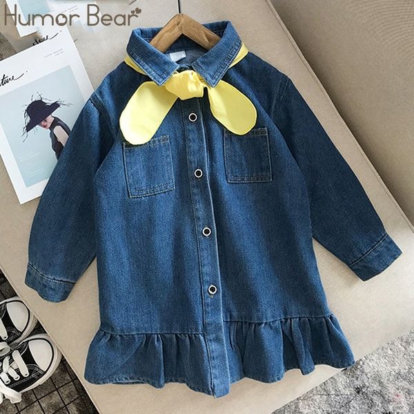 Humor Bear New Girl Denim Robe Automne Manches Longues Casual Enfant Bébé Robe Princesse Bow Chiristmas Robes De Fête Enfants Vêtement 210303