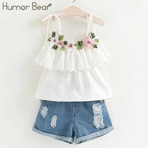 Humor beer nieuwe zomer mode stijl meisjes kleding sets borduurwerk ontwerp T-shirt + jeans kinderkleding kinderkleding sets x0902