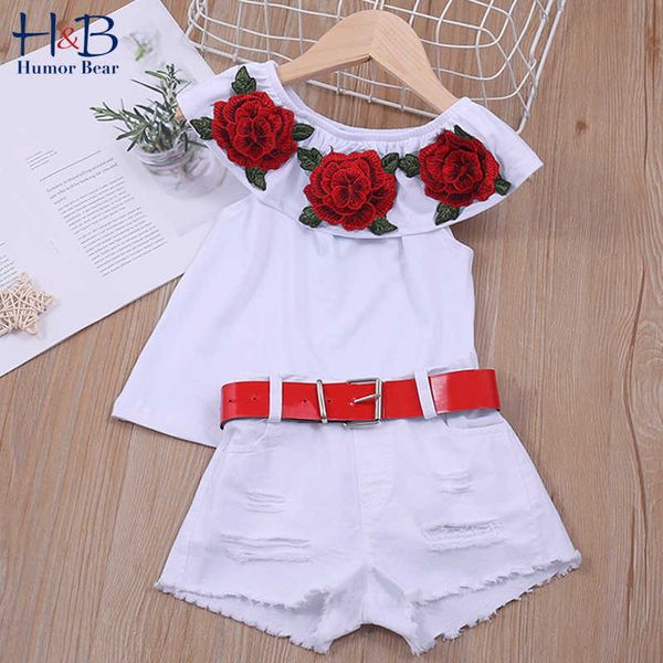 Humor Bear Summer Girl Suit New Children's One-Neck Rose Flower Blusa Ripped White Shorts Suit Baby Kids Conjuntos de ropa X0902