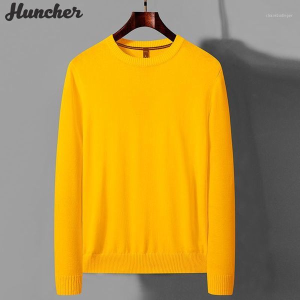 Huncher Mens Knied Suéter Men 2021 Otoño Moda coreana Vintage Punto de punto sólido Slim Fit Puentes Suéteres amarillos para los hombres
