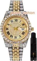 HUNRUY Hip Hop Montre pour Homme Iced Out Sparkling Diamond Montre à Quartz de Luxe avec Date