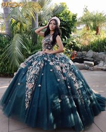 Hunter Green 3d Flower Quinceanera Vestidos con Wrap-Up Back Sweet 16 Vestido Jewel Neck Beade Bade Gowns Wly935