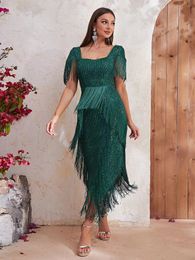 Hunter Green Arabe Robe De Bal Encolure Carrée Robes De Soirée 2023 Glands Longue Sirène Robes De Fiesta Volants Fille Africaine Gala Paillettes Robes De Soirée