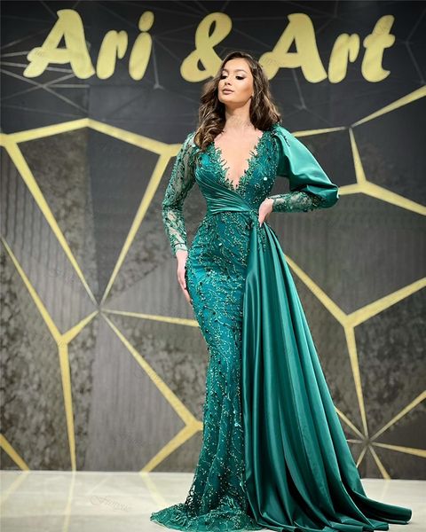 Vert chasseur arabe robes De bal 2023 dubaï robes De soirée sirène dentelle Sequin musulman robe formelle longues Vestidos De Gala