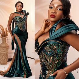 Afrikaans Nigeria Aso Ebi prom jurken Long Hunter Green Mermaid One Shoulder Valvet Evening Formal Dress for African Black Women Birthday Dress AM229