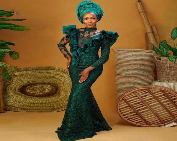 Hunter Green Aso Ebi Style Robes De Bal Manches Longues Robe De Soirée Sirène Africaine À Volants Dentelle Élégante Robes Formelles Nigérianes2564695