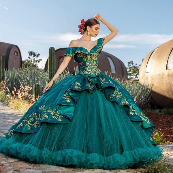 Robe de bal perlée verte Hunter, robes de Quinceanera appliquées sur l'épaule, décolleté en paillettes, robes de bal de princesse en satin, robe de mascarade, douce 15