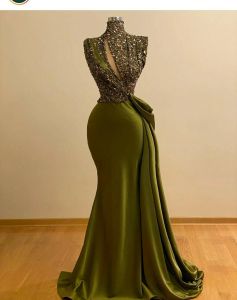 Hunter Green Crystal Beaded Zeemeermin Galajurken Vintage Hoge Hals Avondjurk Saoedi-Arabische Lange Formele Feestjurk
