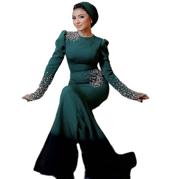 Robes musulmanes en cristal vert chasseur, col à bijoux, manches longues, caftan, robe formelle en satin, tenue de soirée arabe de Dubaï 326 326
