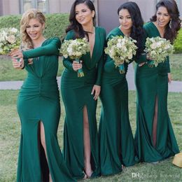 Hunter Green Deep V-hals Mermaid Bruidsmeisjes Jurken 2019 Lange Mouwen Maid of Honour Jurken Split Plus Size Prom Avondjurken Custom Made