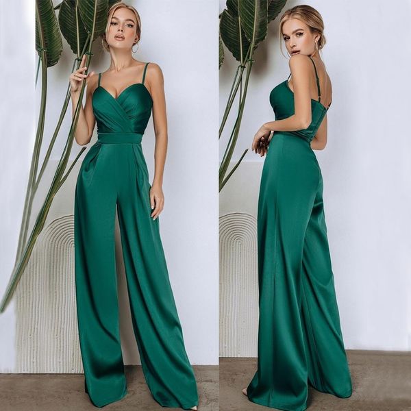 Hunter Green Soirée Jumpsuit Robes 2022 Sexy Spaghetti Backless Summer Holiday Beach Prom Réception Party Engagement Pantalon Costume