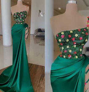 Hunter Green Exquise Prom -jurken Lover Soundined Flowers Mouwloze avondjurk op maat gemaakt zijde splitsploegen vrouwen formele beroemde feestjurk