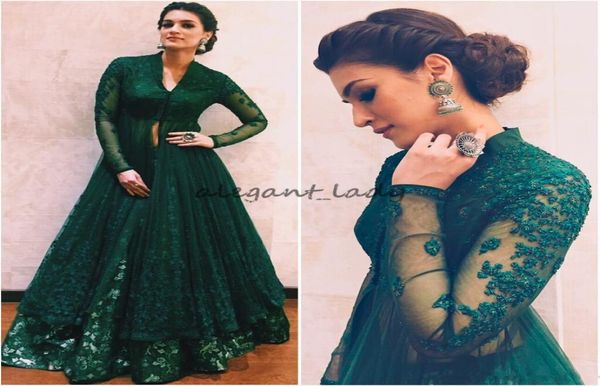 Hunter Green Robes formelles Usure de soirée avec manches longues en dentelle perlée Kaftan Abaya Dubai Indian V Neck Prom Robe Kriti Sanon en 5925814