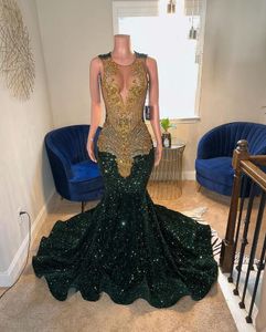 Hunter Green Gold Luxe Prom Party Galajurken voor zwarte meisjes Sparkly Diamond Velvet Zeemeermin Avondjurk robe bal soiree