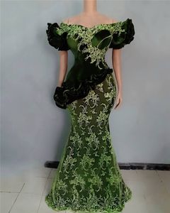 Hunter Green Lace Aso Ebi Avondjurken Korte Mouwen Puffy off shoulder Zeemeermin Vrouwen Afrikaanse Plus Size Galajurken Applicaties