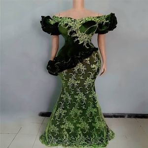 Hunter Green Lace Aso Ebi Robes de soirée manches courtes gonflées de la sirène épaule africain plus taille de bal robes de bal appliques 268b