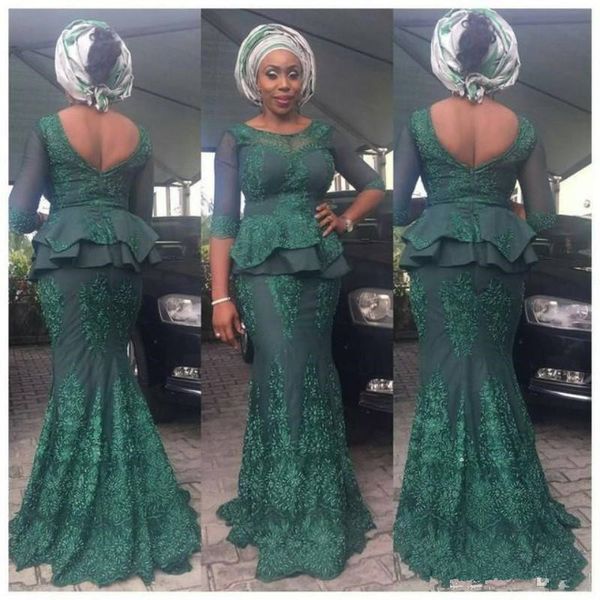 Hunter Green Lace Sirena Vestidos de noche 2019 Sexy African Nigeria Aso Ebi 3/4 Manga larga Peplum Low Back Ocasión Vestido de fiesta de graduación