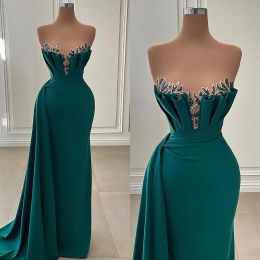 Hunter Green Zeemeermin Avond Elegant Strapless Illusie Galajurk Kralen Applicaties Satijnen Jurken voor Speciale Ocns Sweep Trein Robe De Soiree