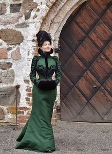 Hunter Green Mermaid Prom -jurk met winter met lange mouwen High Neck Crimson Peak Edwardiaanse historische kostuum avondjurk gewaden