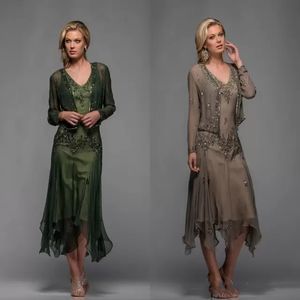 Hunter Green Mother of the Bride-jurken met jas kant applique kralen thee lengte a-line bruiloft gasten jurken pom feest bruidegom mom formele slijtage