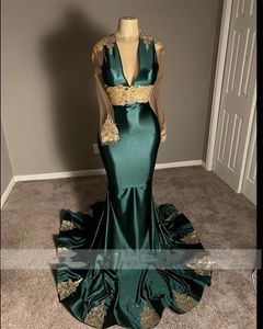 Hunter Green O Neck Prom -jurken voor zwarte meisjes 2022 Appliques Lange mouw Appliques avondjurken Mermaid verjaardagsfeestje jurk Robe de Bal