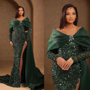 Hunter Green Party Celebrity Side High Split Avondjurken Sexy Lovertjes Prom Gown Dubai Arabische Robe De Soiree