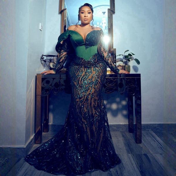 Hunter Green Aso Ebi Robe de bal grande taille pour femmes noires, col transparent, manches longues, dentelle pailletée, robe de fête d'anniversaire, deuxième robe de réception Nigeria NL479