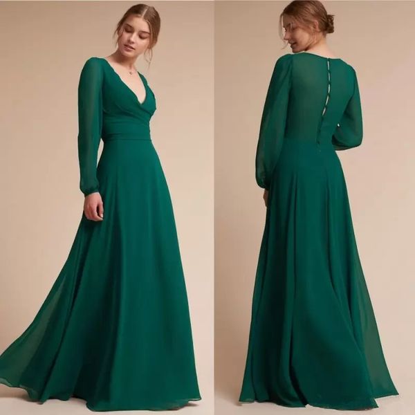 Robes de bal de grande taille vert chasseur robes de soirée à col en V avec manches longues robe de soirée en mousseline de soie