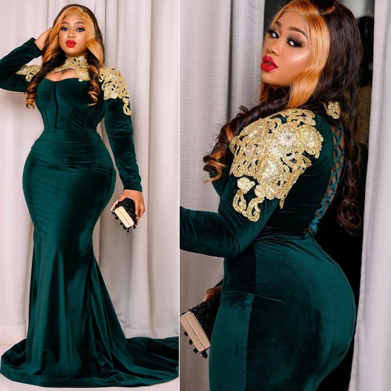 Hunter Green Plus Size Velvet Prom Dresses High Neck Long Sleeves Applique Mermaid Evenning Dress Promdress for Special Occasions Birthday Party Gowns ST660