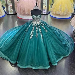 Hunter vert princesse Quinceanera robes avec des fleurs Appliques à lacets perles cristaux doux 16 robe Vestido De 15 Anos