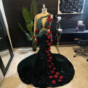 Hunter Green Prom -jurken voor zwarte vrouwen illusie Velvet belonderbelasting voor speciale gelegenheden Appliqued kralen Lace Flowers Strijnvestiging Decoreerde verjaardagsjurk AM968