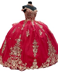 Hunter Green Quinceanera -jurk 2023 Gouden lovertjes kralen Sparkle Off Shoulder Quince Ball Jurk Corset Sweet 15 Verjaardagsfeest Prom Vestidos de 15 Anos Red Special