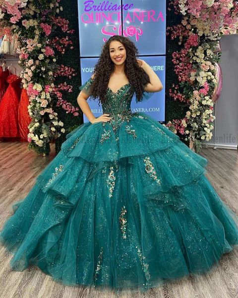 Robes de Quinceanera vert chasseur avec des appliques en dentelle, 15 ans, épaules dénudées, robes de fête d'anniversaire pour filles mexicaines