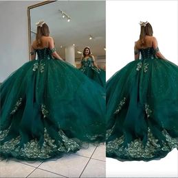 Hunter Green Quinceanera Dresses Ball Jurk Sweetheart Off Shoulder Gold Lace Appliques Crystal Beads Corset Back Jurk Sweet 16 Vestido de 15 Anos Quinceanera