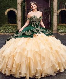 Vert chasseur robes de Quinceanera Mexica 2022 hors de l'épaule appliques d'or jupe à volants corset à lacets bal Sweet 15 robe
