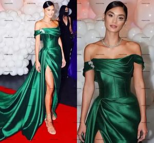 Hunter Green Red Carpet Evening Jurken Off Shoulder Slit Dubai Arabisch Aso Ebi geplooide vlek Prom Dress Vestidos de Noche BC12827