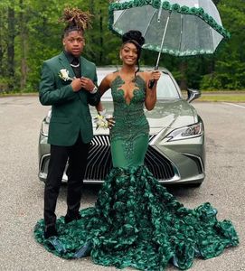 Hunter Green Rose Long Prom Dress for Black Girls 2024 Luxe pure nek kristal kralen Afrikaanse verjaardagskoningin avondjurk gewaad de soiree