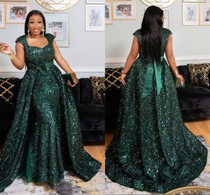 Hunter Green Lovers Mermaid Avondjurken met Afneembare Trein Boog Lint Sash Afrikaanse ASO EBI Plus Size Prom Dress Afrikaans