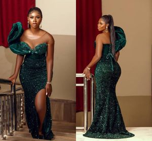 Hunter Green lovertjes prom jurken aso ebi stijl plus size veter omhoog aan de achterkant split zeemeermin Afrikaanse avond feestjurk