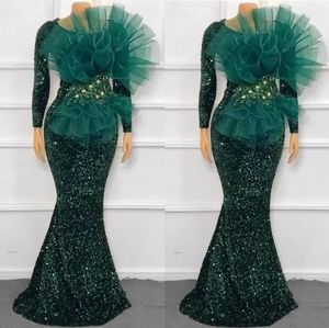 Jager groene sparkly lovertjes kant Afrikaanse Dubai avondjurken slijtage juweel hals lange mouwen Rulffes Mermaid Prom Dress Vintage Formele Party Pageant Jurken Pro232