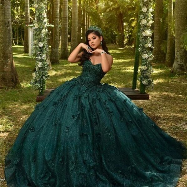 Hunter Green Sweetheart 3d Fleurs Quinceanera Robes Boule de bal perle Piffy Sequins Long Prom Robe 18e anniversaire Vetestido de Charra 15 Anos