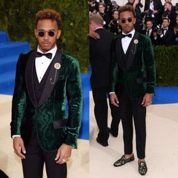 Hunter Green Three Pieces Velvet Mens Suits Sjaal Revers Bruiloft Grooms Tuxedos Slim Fit Formele Blazer Red Carpet Celebrity Prom Pak
