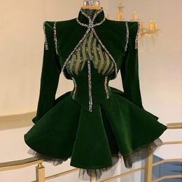 Vert chasseur velours perles soirée robes De Cocktail cristaux manches longues Robe De retour courte Robe De soirée Chic