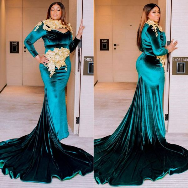 Hunter Green Velvet Aso Ebi Robes de bal sirène col haut Illusion dentelle robes de soirée formelles pour les femmes noires robe de fête d'anniversaire deuxième robe de réception AM327