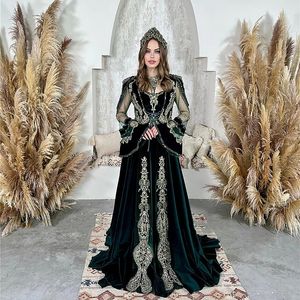 Hunter Groen Fluwelen Kalkoen Kaftan Avond Gelegenheid Jurken Kwastje Kralen Applique Afghaanse Dubai Lange Mouwen Prom Occasion Gown