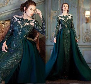 Hunter Modest Emerald Green à manches longues Prom Robes formelles avec une robe de vêtements de soirée perle en dentelle de train détachable