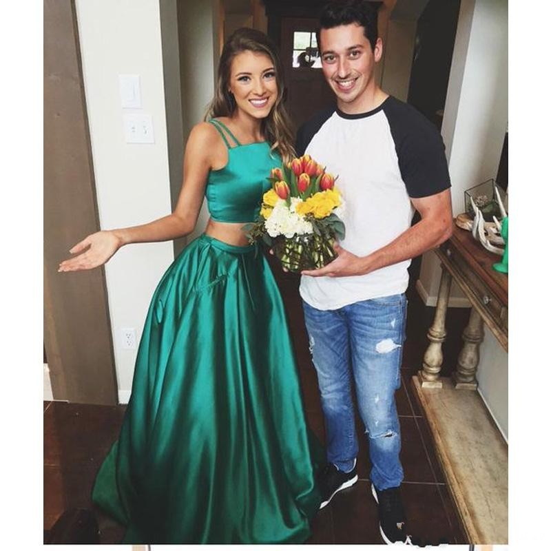 Hunter New Arrival Green A Line Simple Cheap Prom Dresses Spaghetti Straps Satin Backless Sweep Train Formal Party Gowns Evening Dress