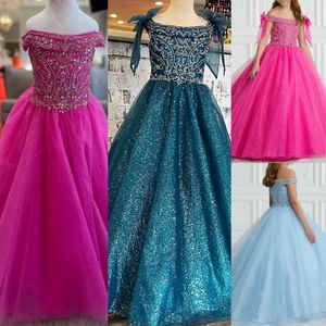 Hunter Pageant Jurk voor kleine meisjes 2024 Strik Sparkle Glitter Baby Kind Verjaardag Vakantie Fun-Mode Runway Formeel Cocktailparty Jurk Peuter Tieners Hemelsblauw Fuchsia